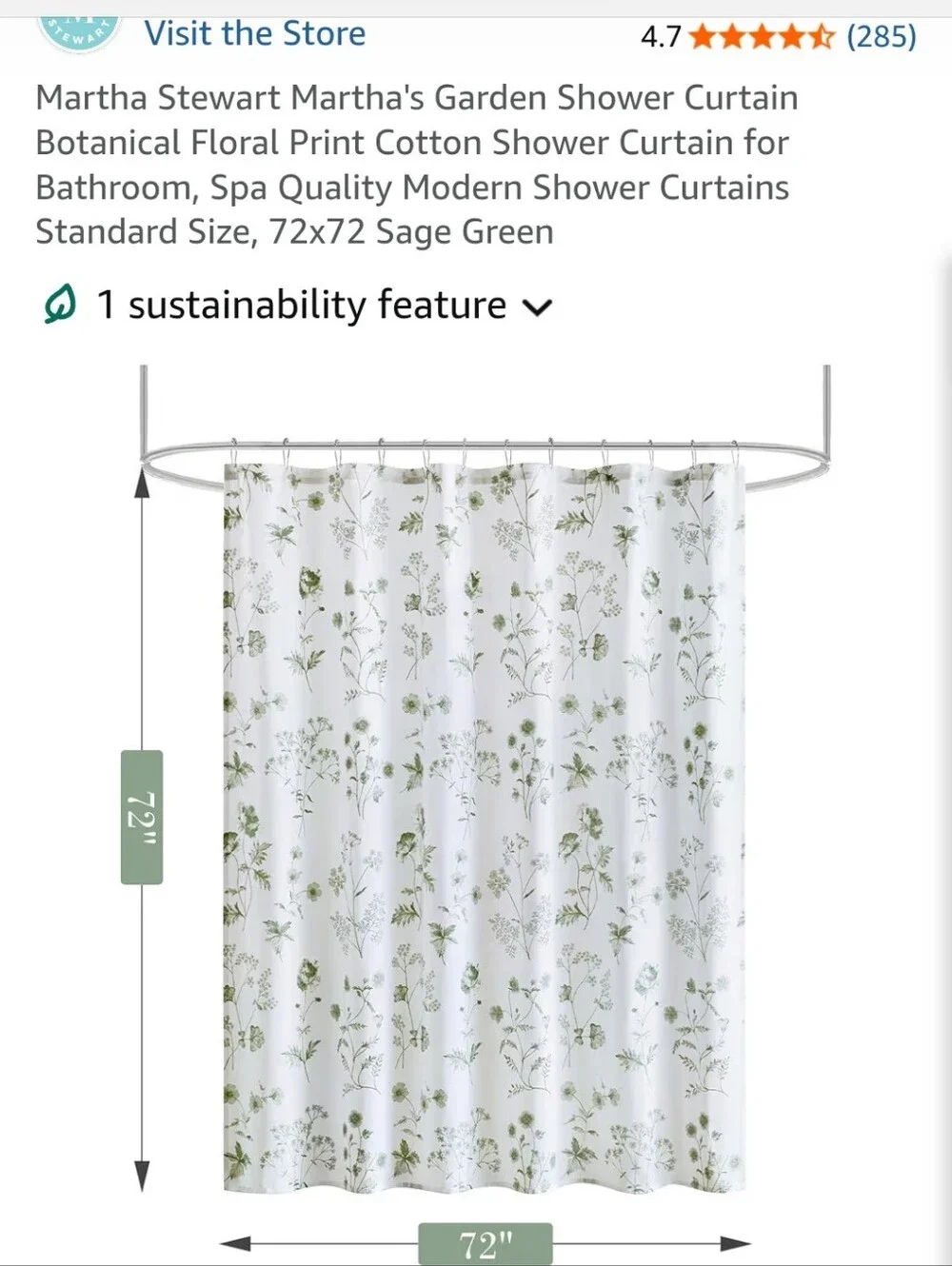 Martha Stewart White Shower Curtain with Sage Green Botanical Print